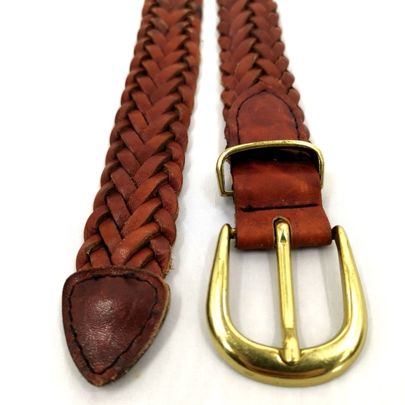 *SOLD* Unisex 36 Brown Leather Braided Belt Gold - Picture 2 of 11